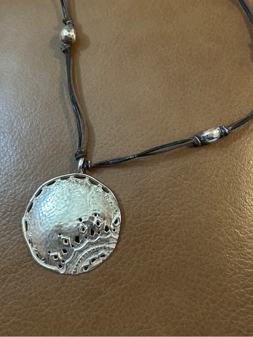 Silpada Silver Round Textured Pendant Necklace with Black Cord